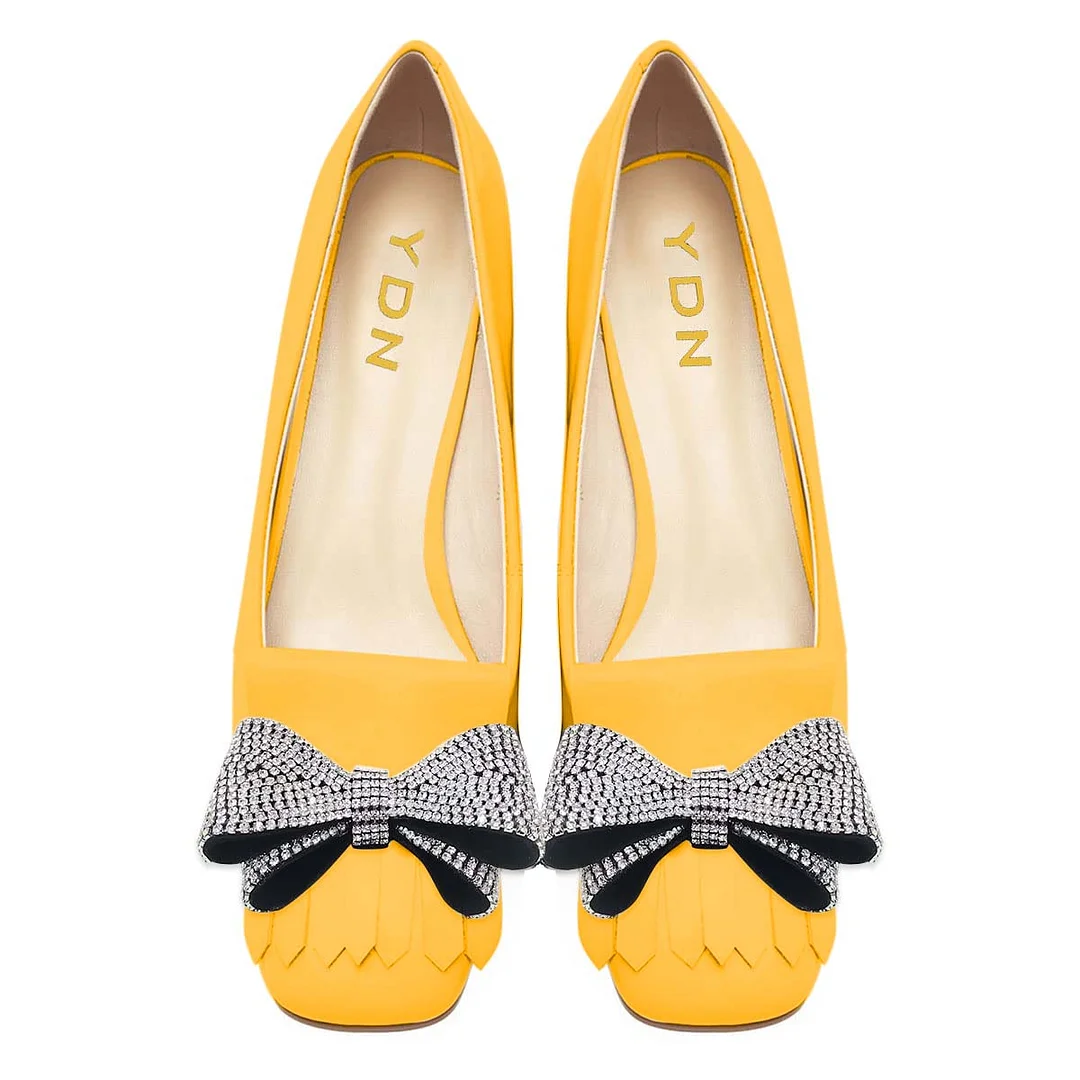Fringe Square Toe Rhinestone Double Bow Pumps Heels in Yellow