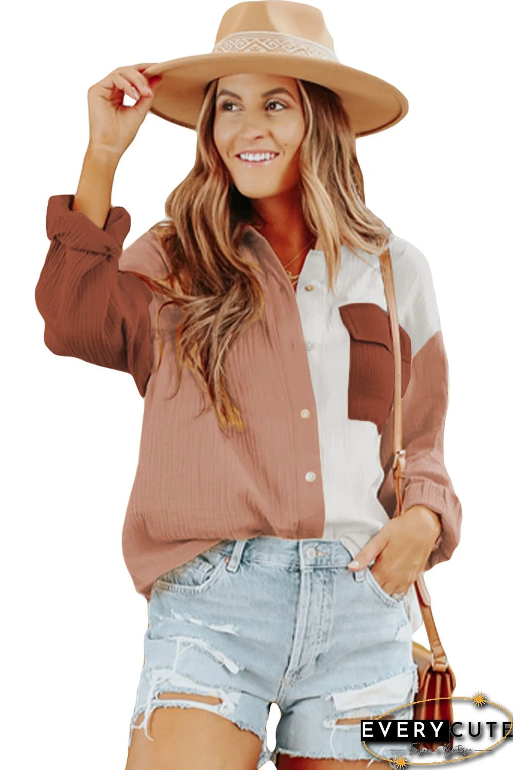 Brown Color Block Textured Long Sleeve Shirt with Pocket