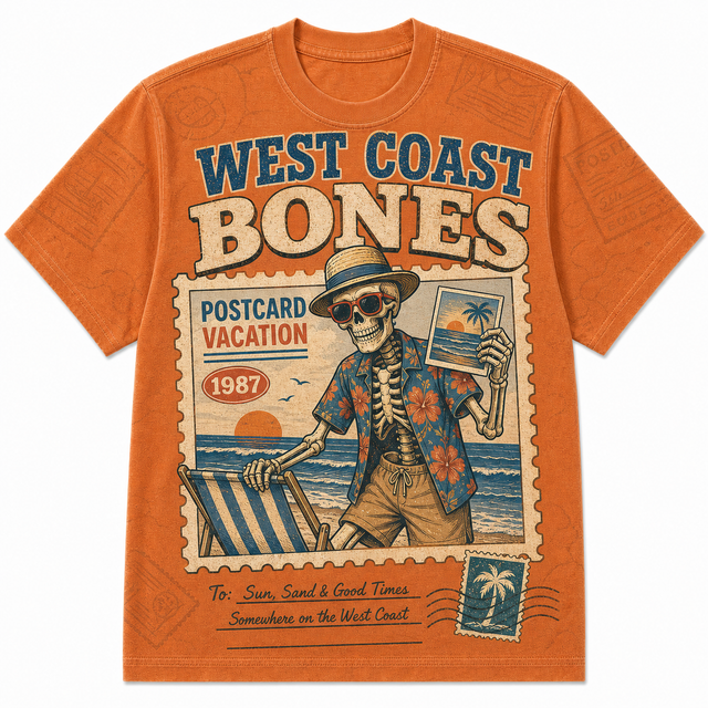 Surf West Coast Bones Cotton T-Shirt - Orange / Blue / Cream