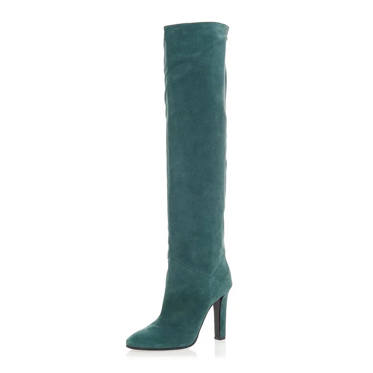 Teal Tall Boots Chunky Heel Vegan Suede Knee Boots |FSJ Shoes
