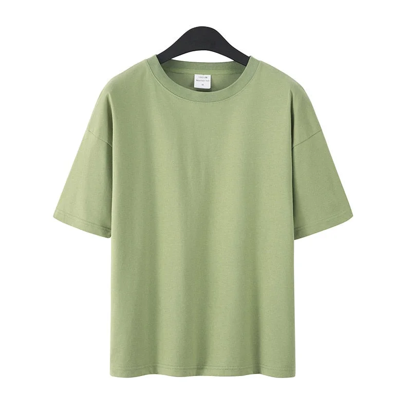 Summer T-Shirts Women Short Sleeve Lovers T shirt 100% Cotton Loose Lady Tops Tees Casual Solid Color White