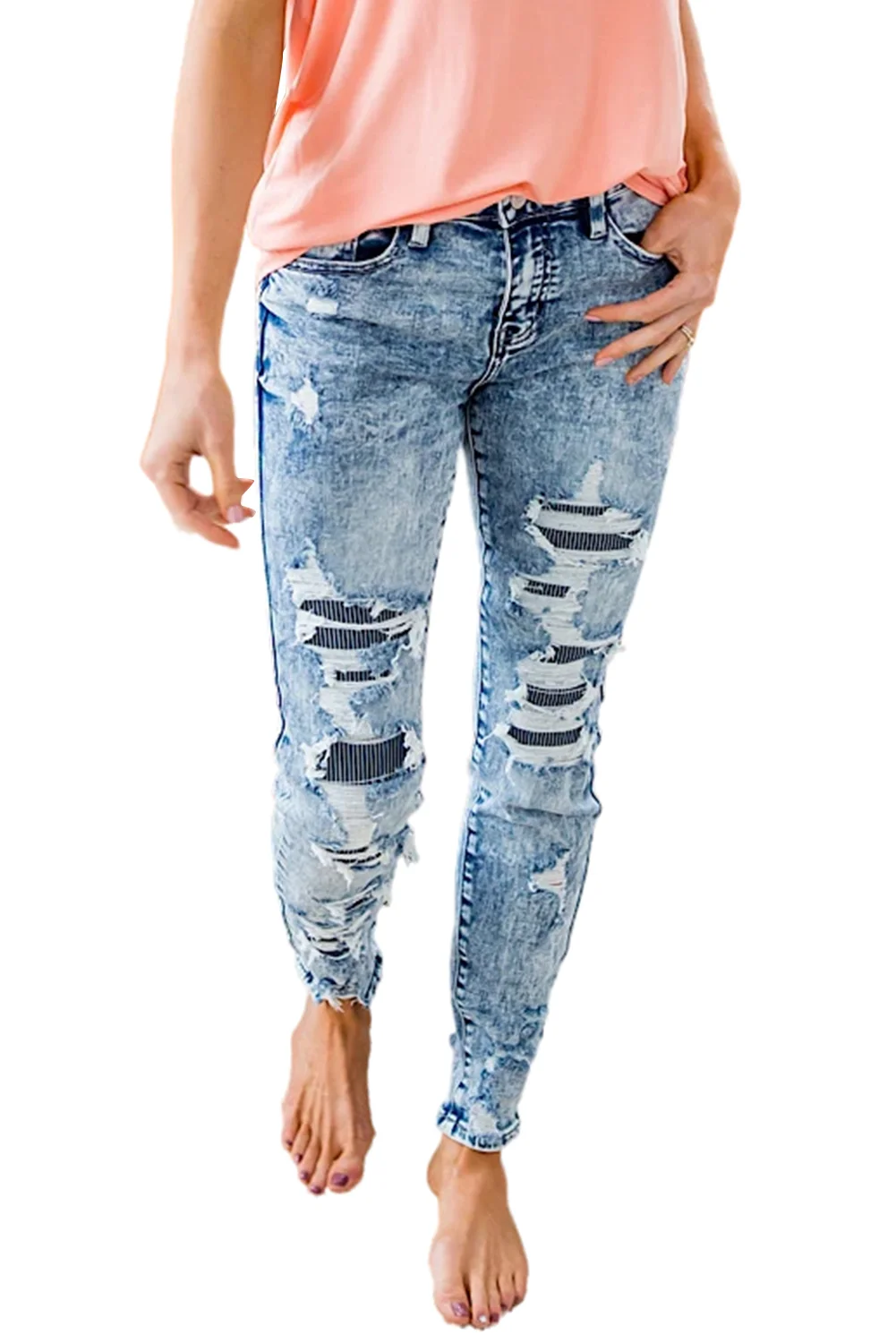 Sky Blue Striped Patchwork Distressed Slim-fit Jeans