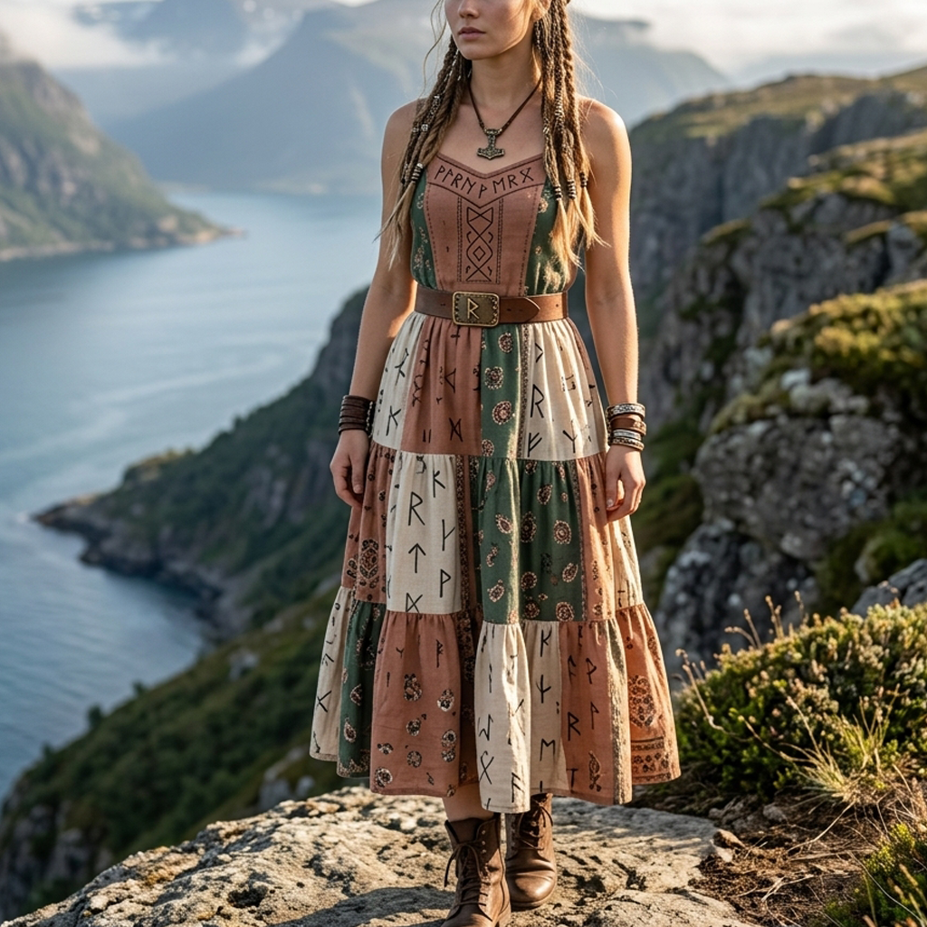 Cotton Linen Viking-Inspired Boho Maxi Dress with Nordic Symbols and Fringed Hem