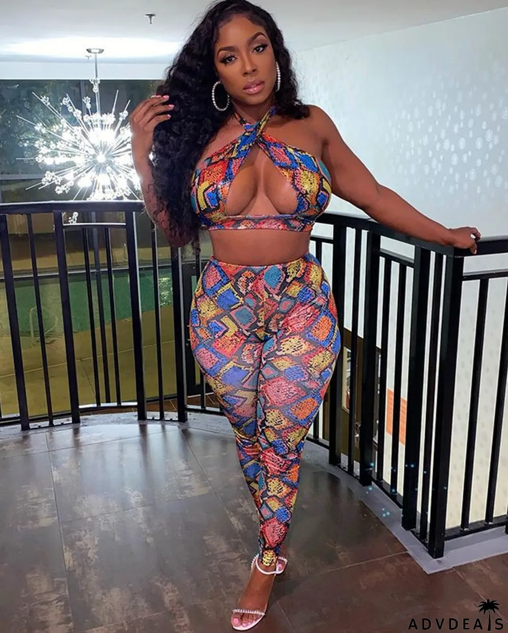 Ladies' Fashion Print Halter Neck Low Back Career Sexy Two-Piece Suit