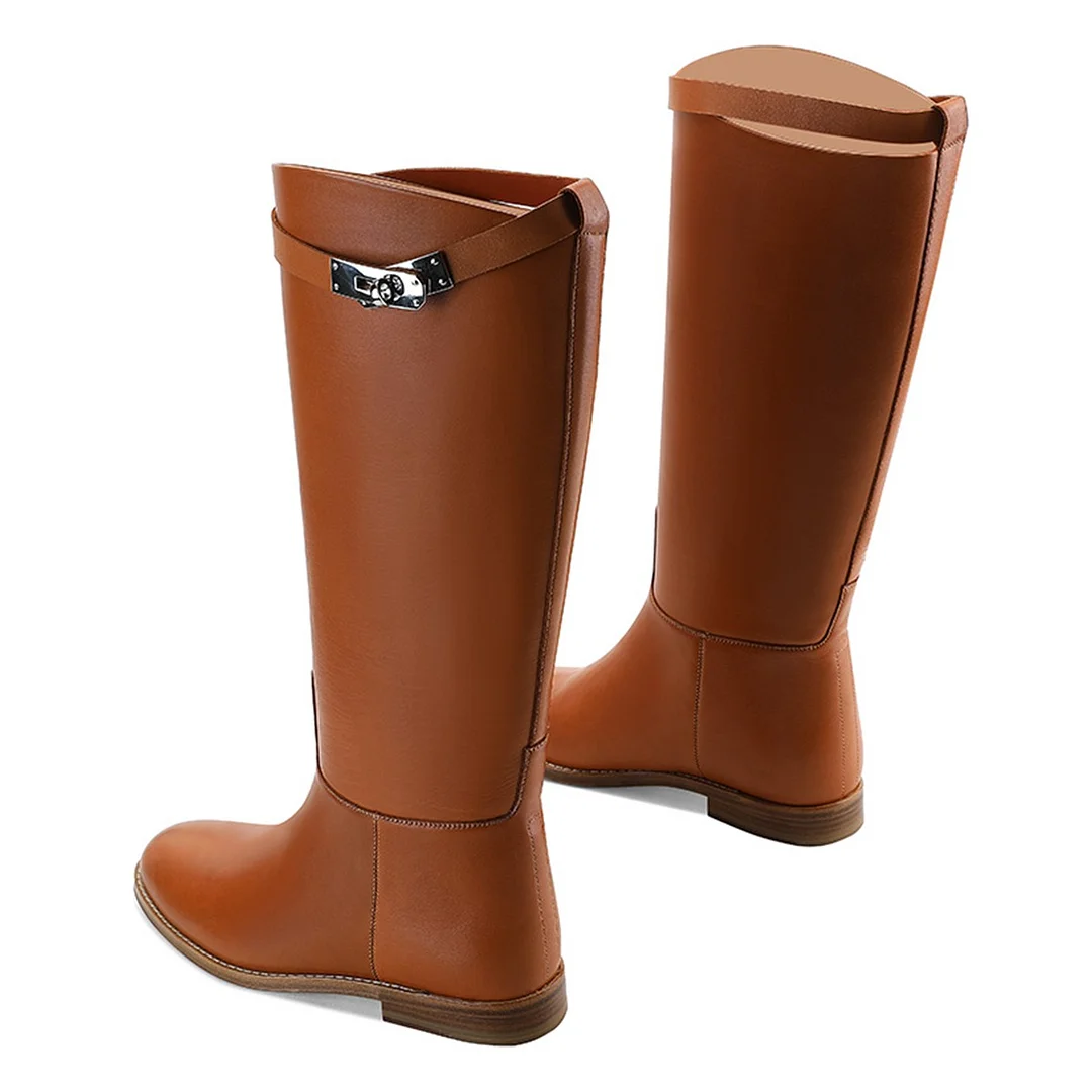 Classic Brown Round Toe Flats Slip On Knee High Boots for Women