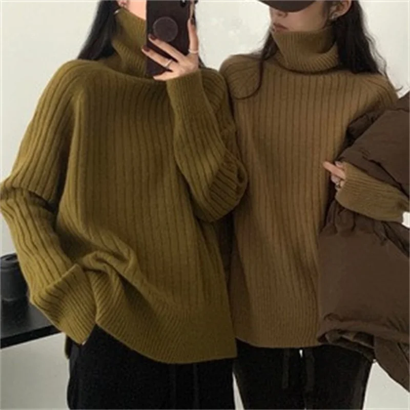 Toloer Toloer Version Contracted High Neck Add Thick Sweater Female Pit Loose Lazy Knit Sweater New All-Match Casual Jacket-Outfit Ideas