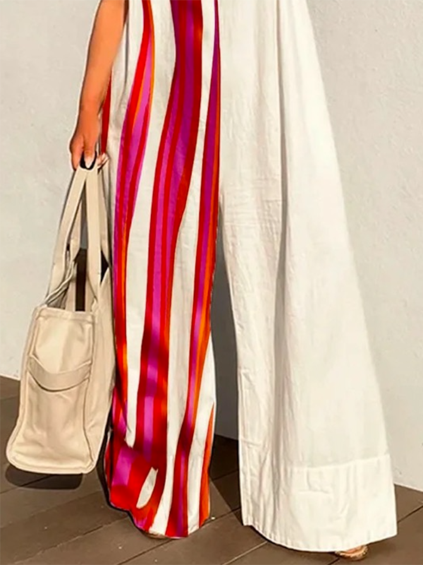 Sleeveless Wide Leg Contrast Color Printed Striped Jumpsuits