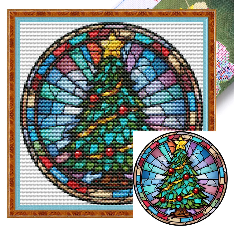 【Huacan Brand】Glass Art-Christmas Tree 18CT Stamped Cross Stitch 25*25CM