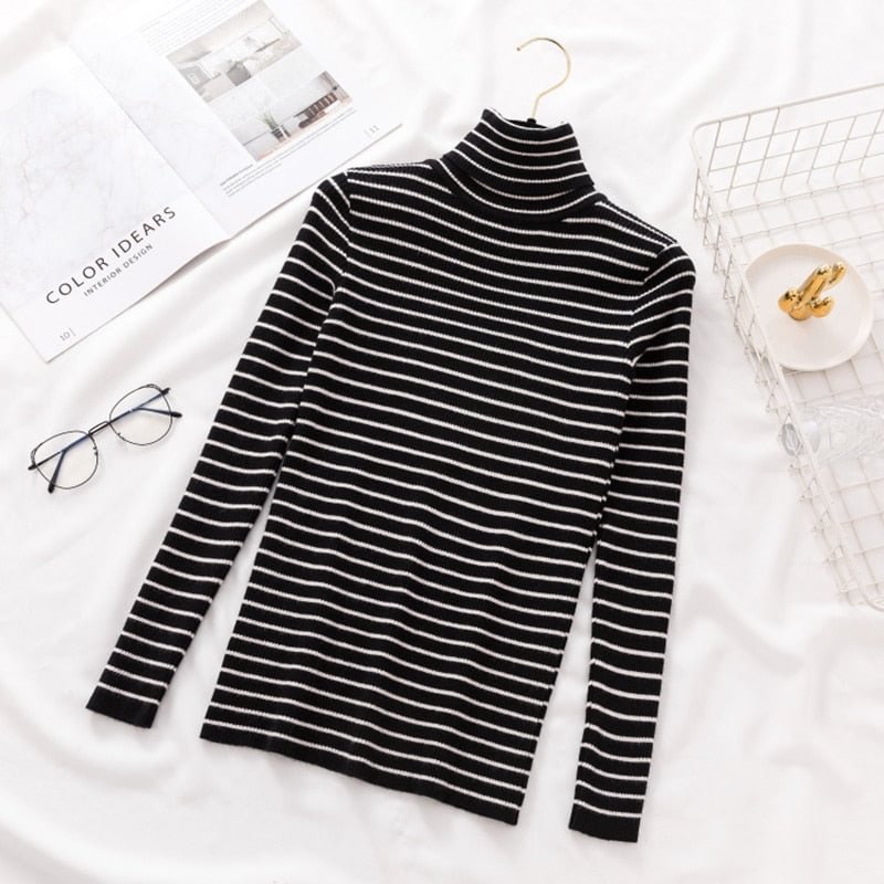 Women Vintage Black and White Striped Knitted Sweater Long Sleeve Turtleneck Slim Warm Casual Pullover 2021 Winter Fashion Tops