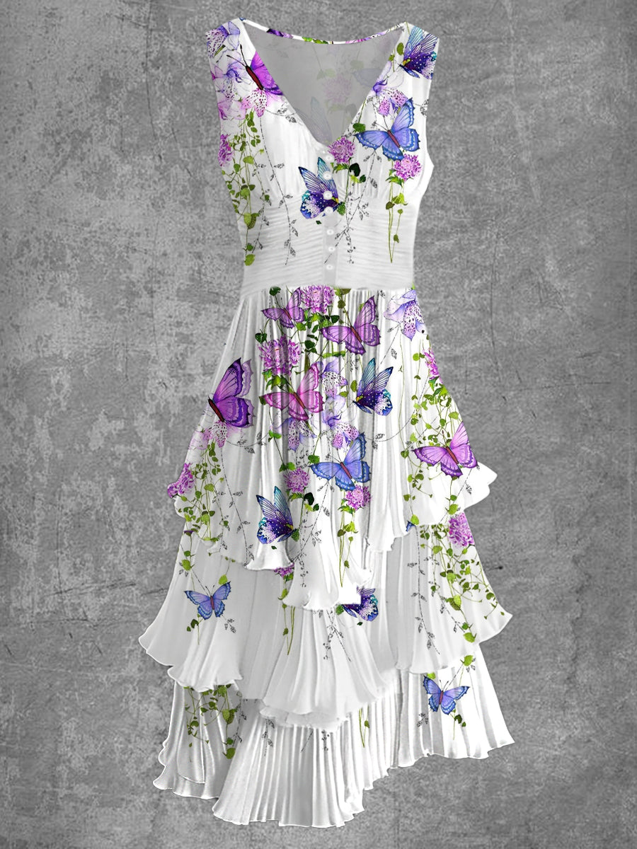 Butterfly Print Sleeveless V-Neck Button Up Retro Midi Dress