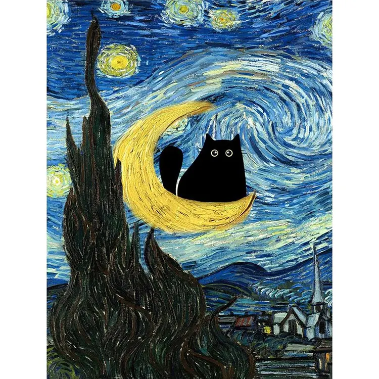 【Yishu Brand】Van Gogh's Starry Night and Black Cat 40*53cm 11CT Stamped Canvas Cross Stitch gbfke