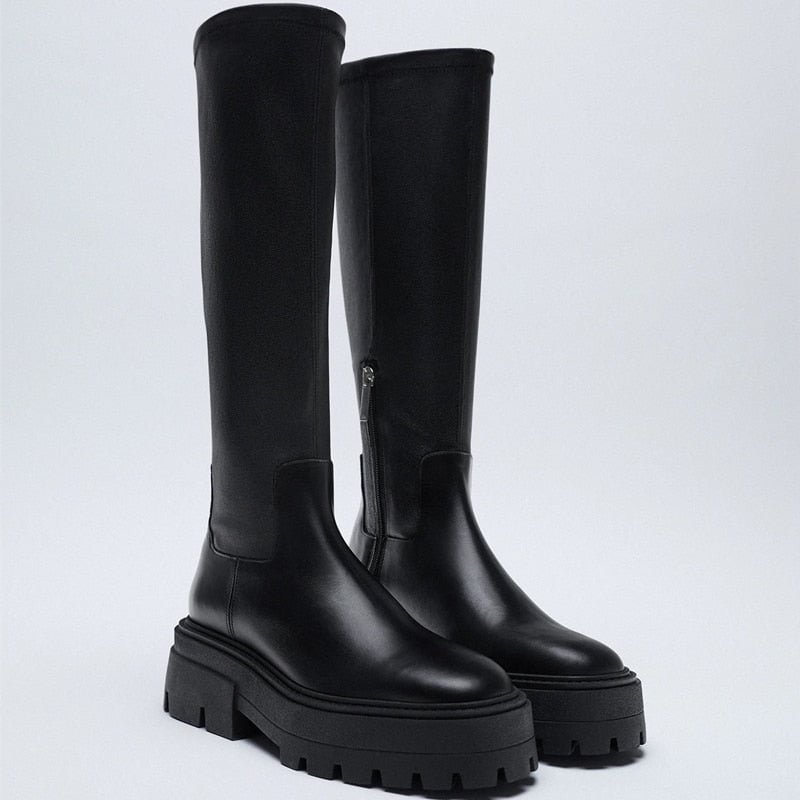 Leather Women's Boots Fashion Stiletto High Heel Thigh High Boots Ladies Style Zipper Decoration Mid Calf Knight Botas De Mujer