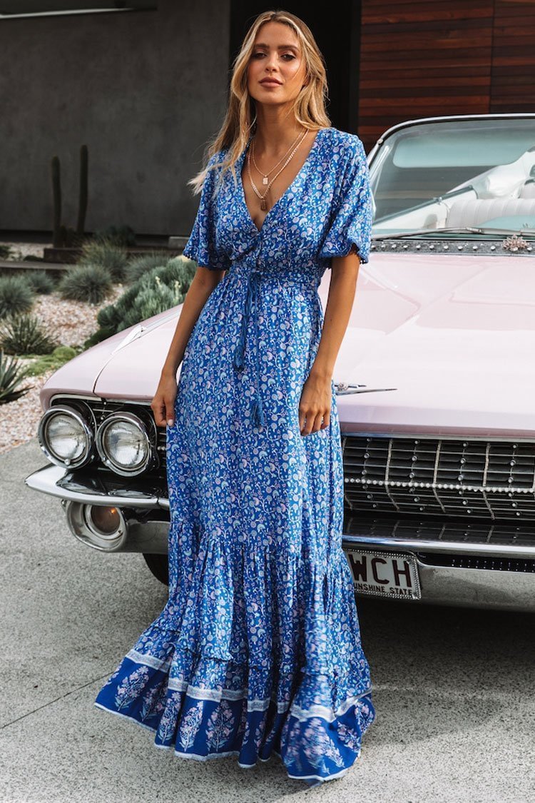 Mini Pompon Bohemian Floral Print Maxi Dress-elleschic