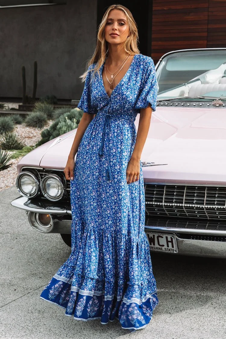 Mini Pompon Bohemian Floral Print Maxi Dress-elleschic