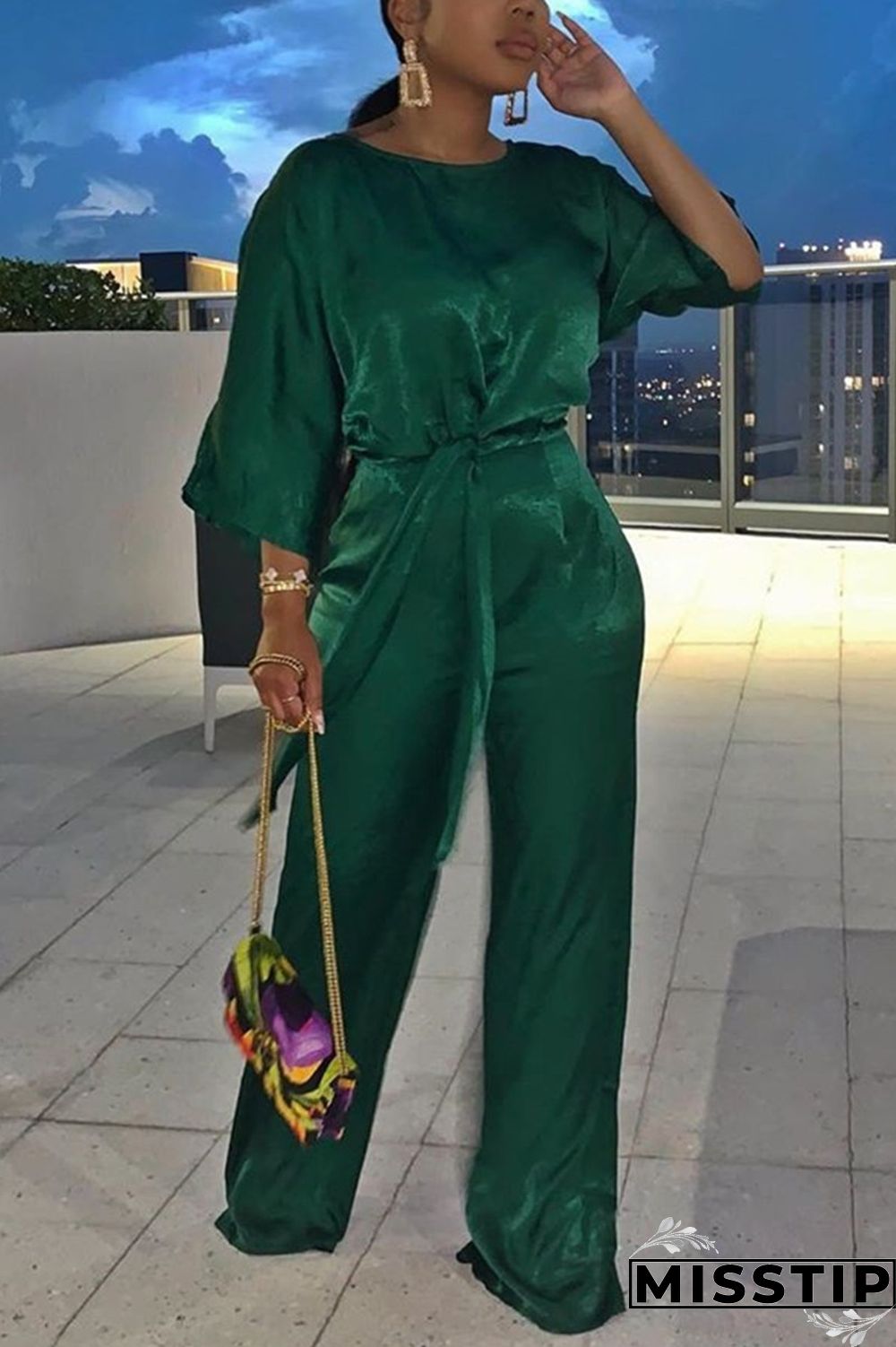 Black Green Sexy Solid Loose Half Sleeve Two Pieces