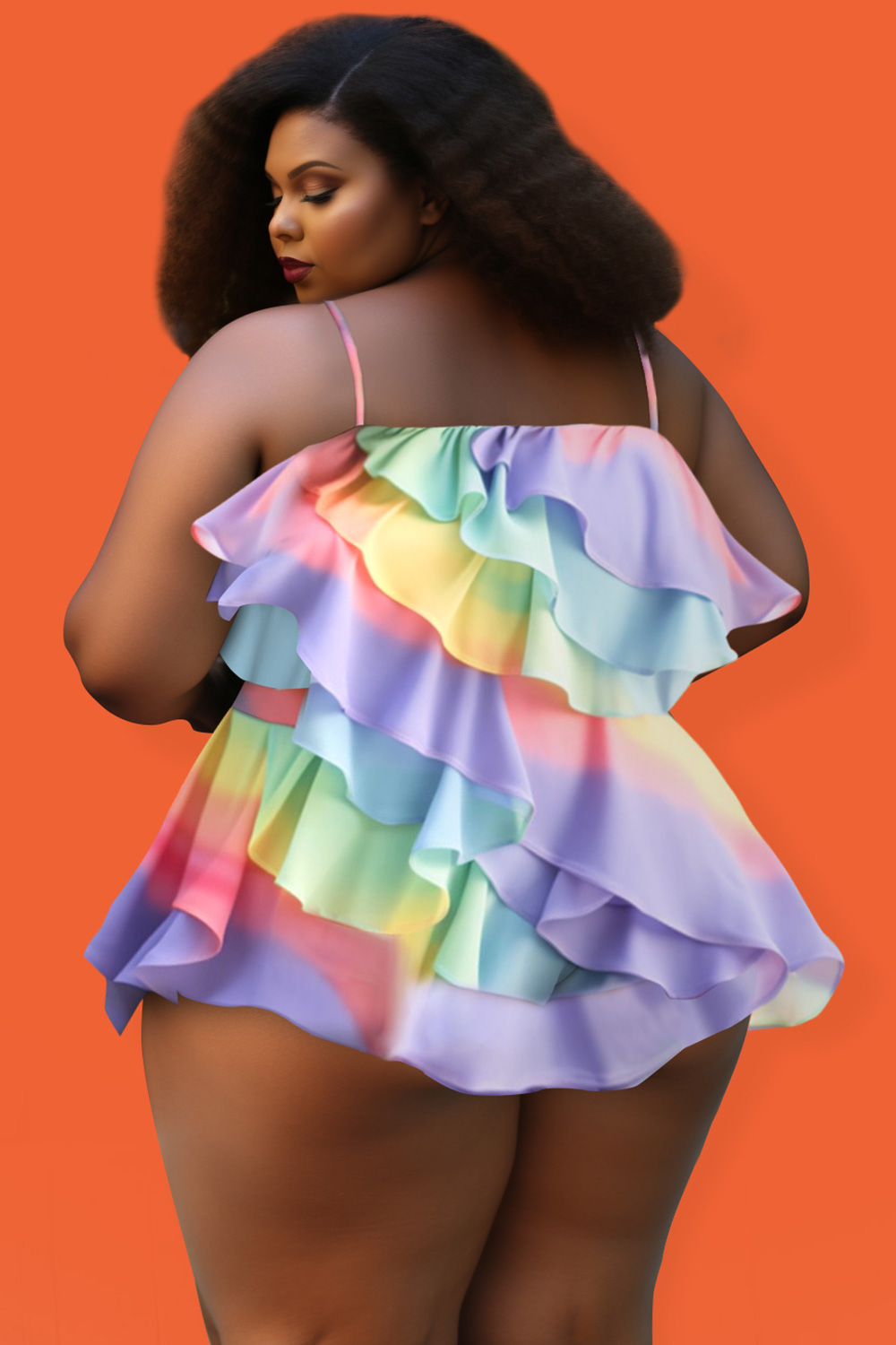 Design Plus Size Beach Rainbow Gradient Square Neck Flounce Ruffle One Piece Swimwear [Pre-Order]