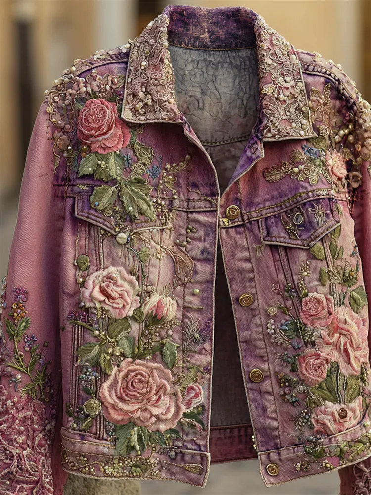 Boho Pink Roses Glitter Embroidered Dyed Washed Denim Jacket