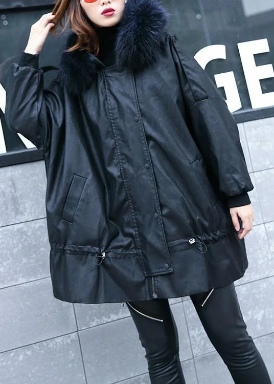 Luxury black overcoat trendy plus size winter jacket hooded fur collar overcoat