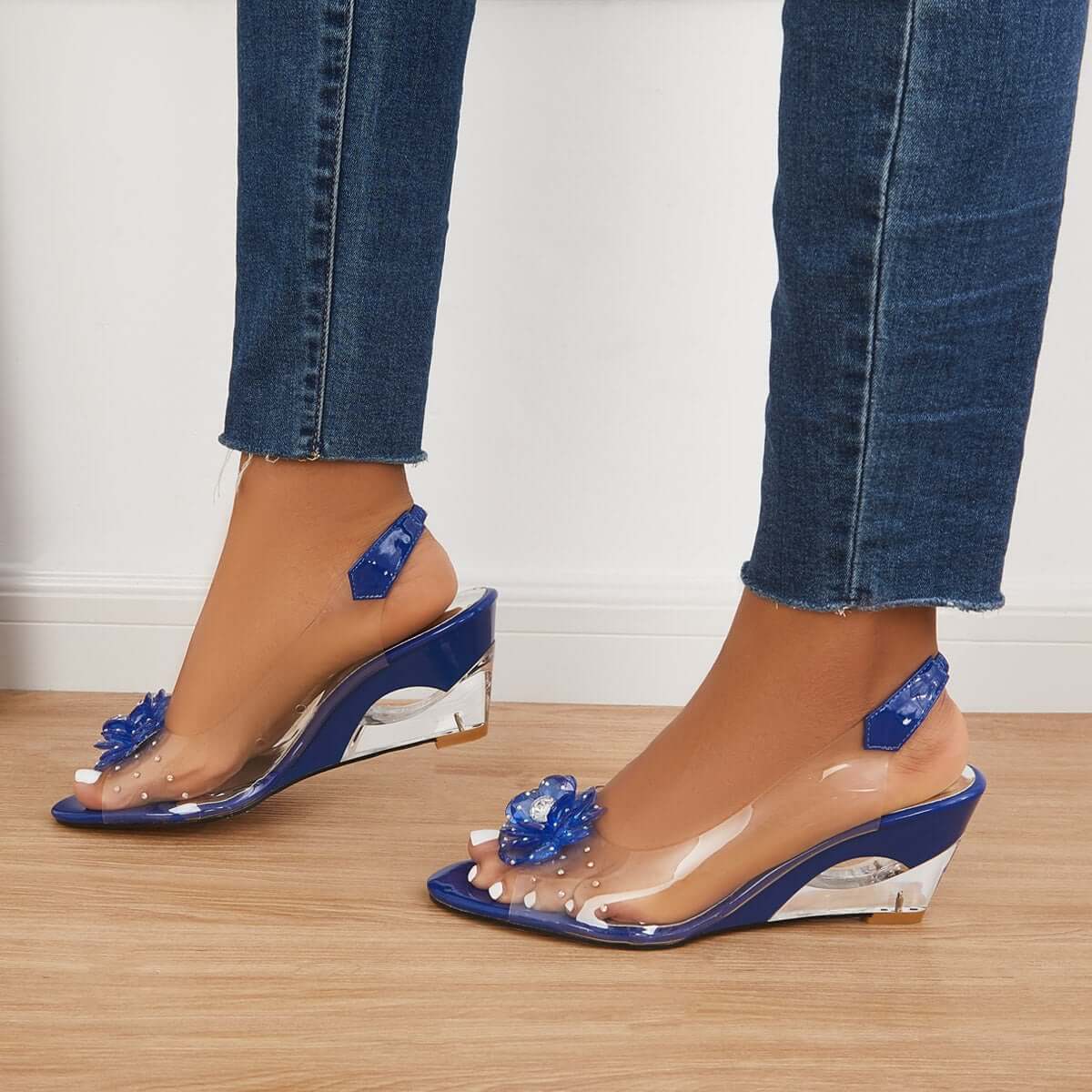 Women's Clear Flower Rhinestone Sparkly Slingback Heels Wedge Sandals