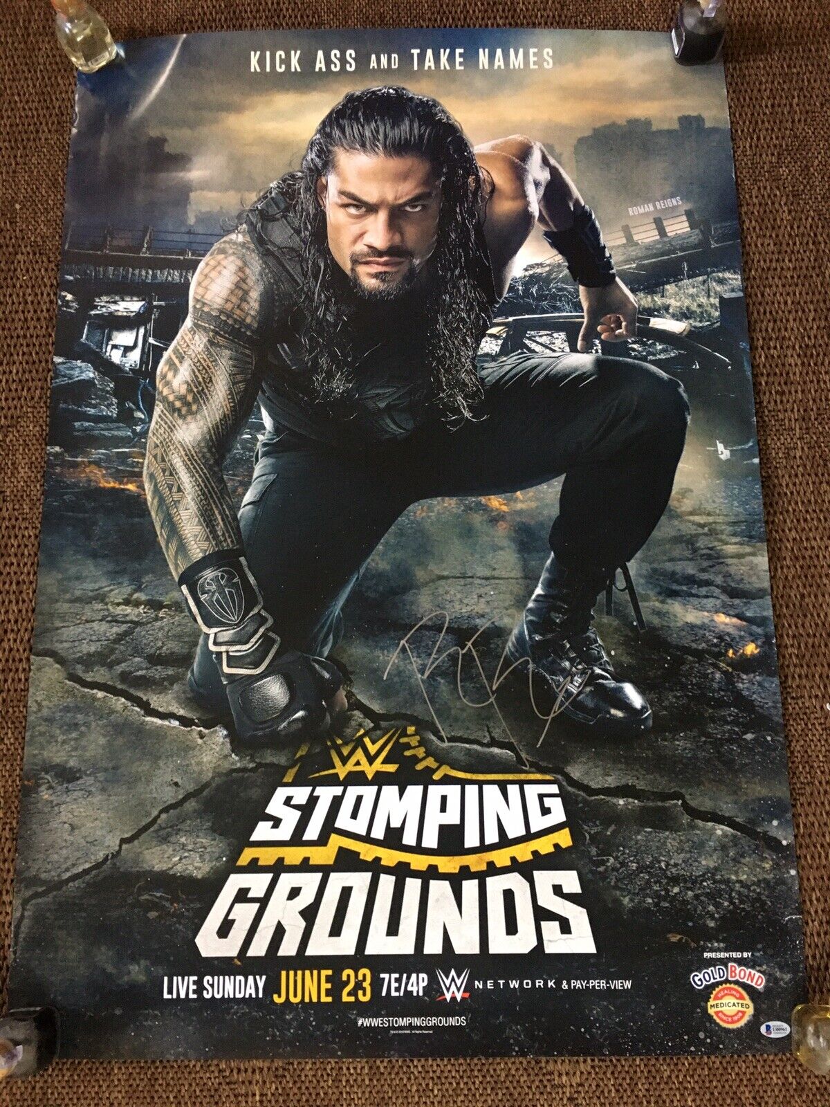 Roman Reigns Signed WWE PPV POSTER STOMPING GROUNDS BECKETT BAS NXT SUMMERSLAM