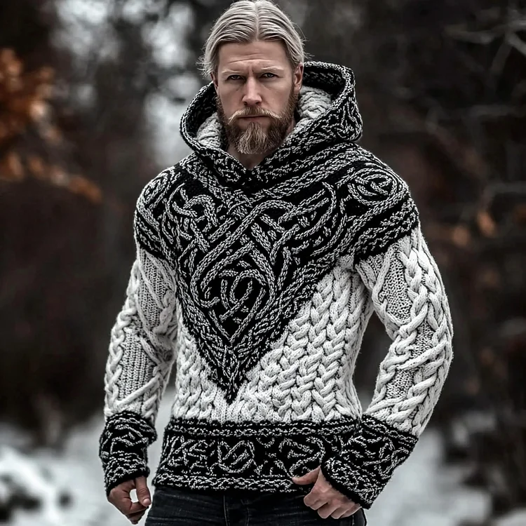 Men's Vintage Viking Celtic Jacquard Chunky Hooded Sweater
