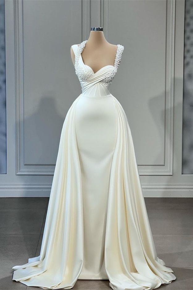 Bellasprom Straps Sweetheart Sleeveless Mermaid Wedding Dresses WIth Pearls Overskirt