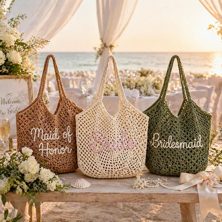 Personalised Straw Knitted Beach Bag and Crochet Tote - Unique Bridesmaid Gift Bags, Travel Wedding Favor, Bachelorette Trip Present