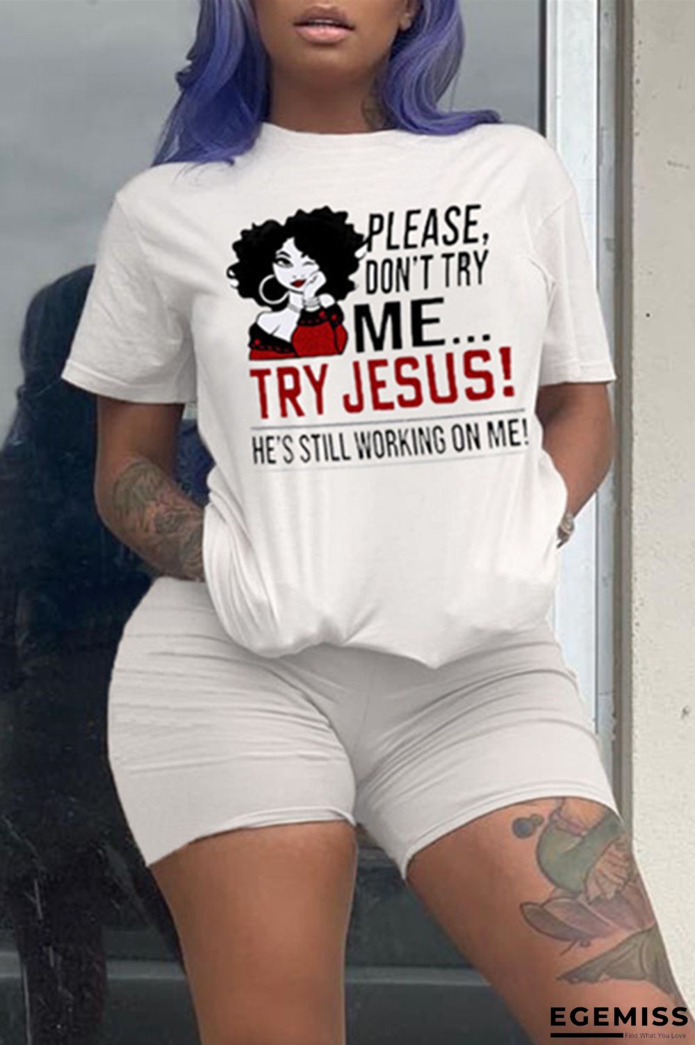 White Fashion Casual Print Basic O Neck Short Sleeve Two Pieces | EGEMISS