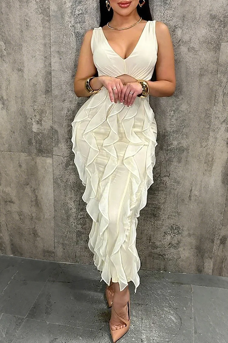 Ruffled Trim Bodycon V Neck Cutout Midi Tank Dresses-Beige
