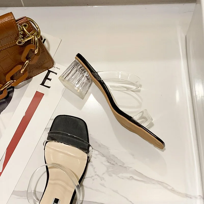 Qengg Women Sandals Low Mid Heels Beautiful Transparent Sexy Slippers（Size 35-45）