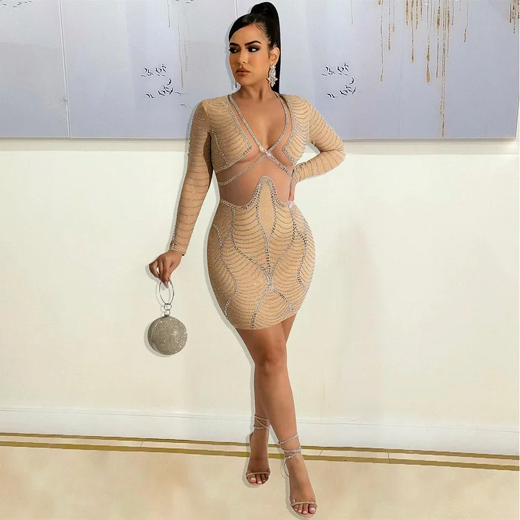 Sexy Deep V Neck Long Sleeve Transparent Mesh Rhinestone Bodycon Dress