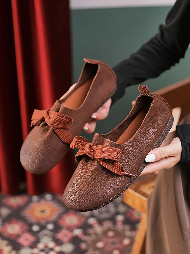 Women Casual Soft Genuine Leather Drawstring Flat Shoes