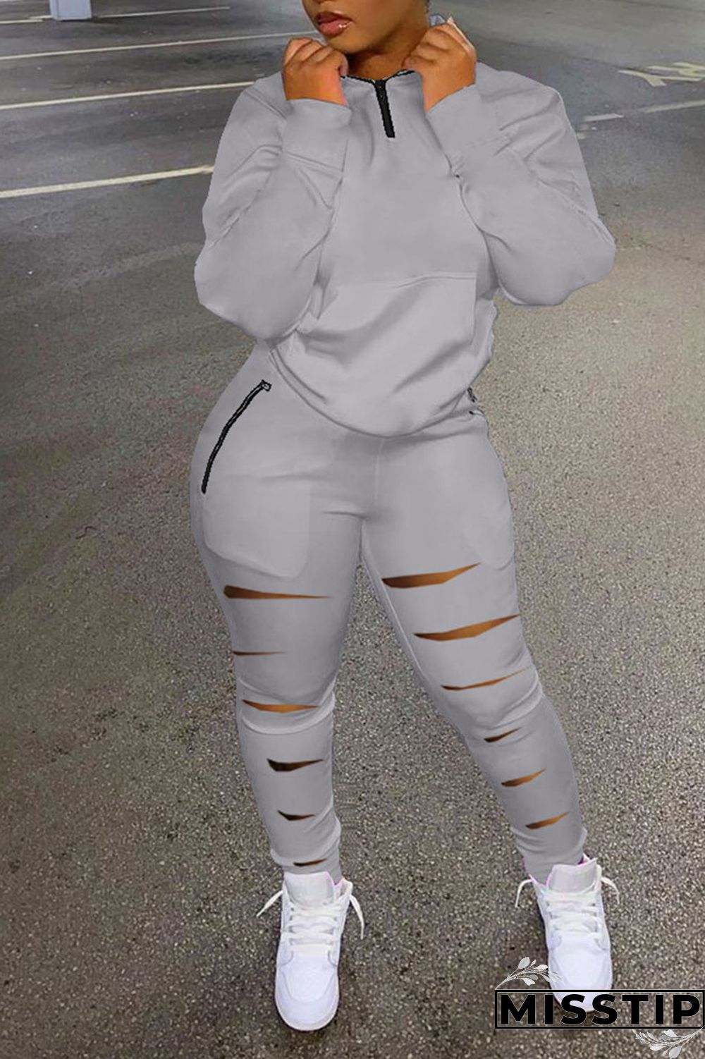 Coffee Casual Sportswear Solid Hollowed Out Patchwork Zipper Collar Long Sleeve Two Pieces