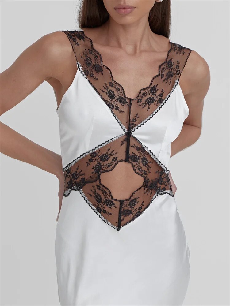 Ootddress Lace Backless Hollow Out Maxi Dress For Women Patchwork Printed Fashion High Waist Elegant Party Dress Female Long Dress