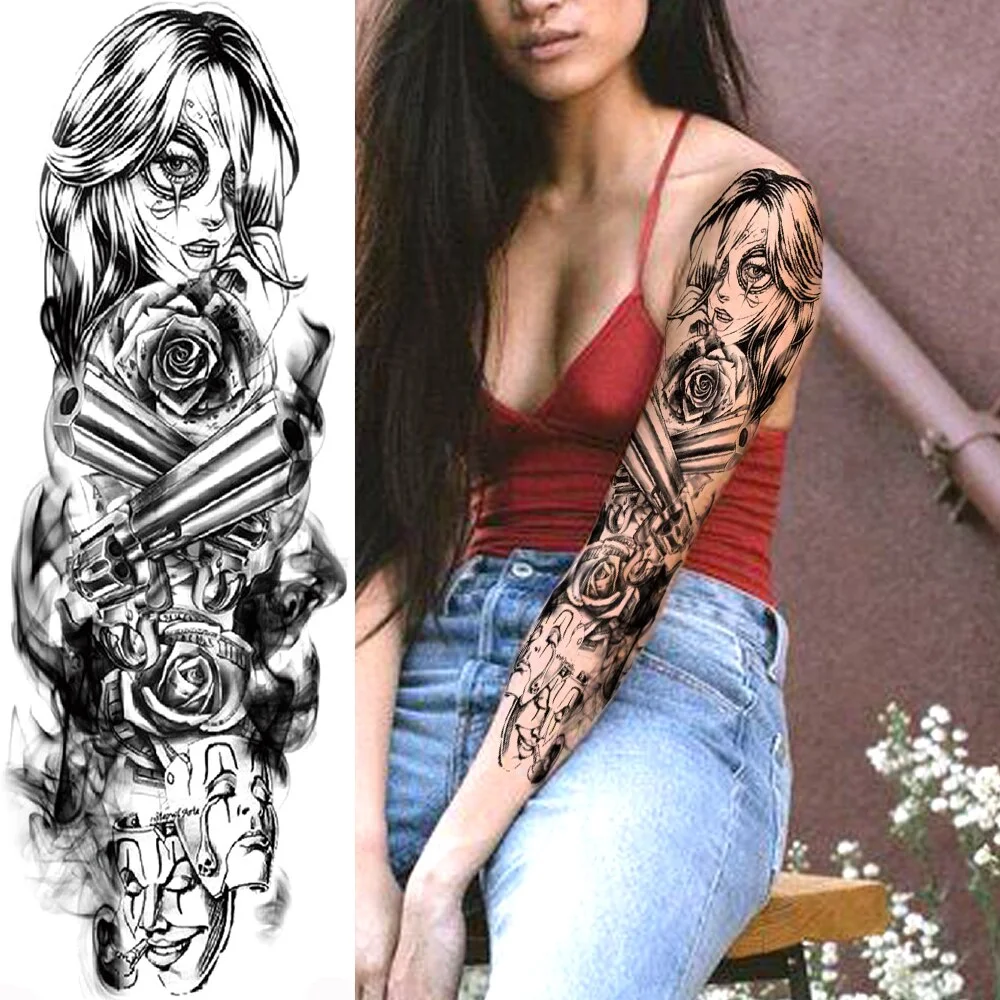 Sdrawing Temporary Tattoos Sleeve For Men Women Skeleton King Warrior Full Arm Tattoos Sticker War Black Fake Tatoos Long Sleeve