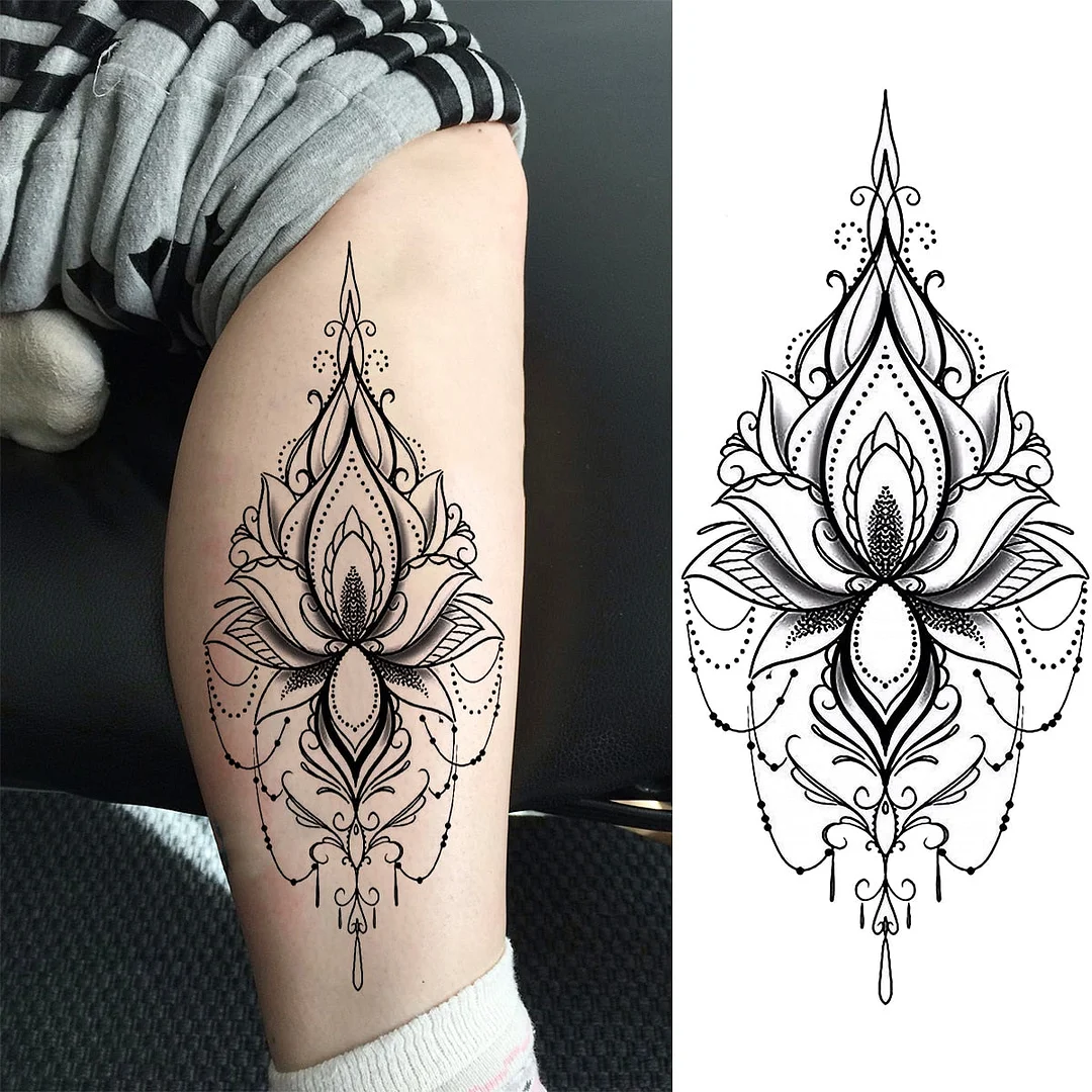 Black Lotus Pendant Temporary Tattoos For Women Adult Rose Flower Jewelry Fake Tattoo Fashion Calf Waterproof Half Sleeve Tatoos
