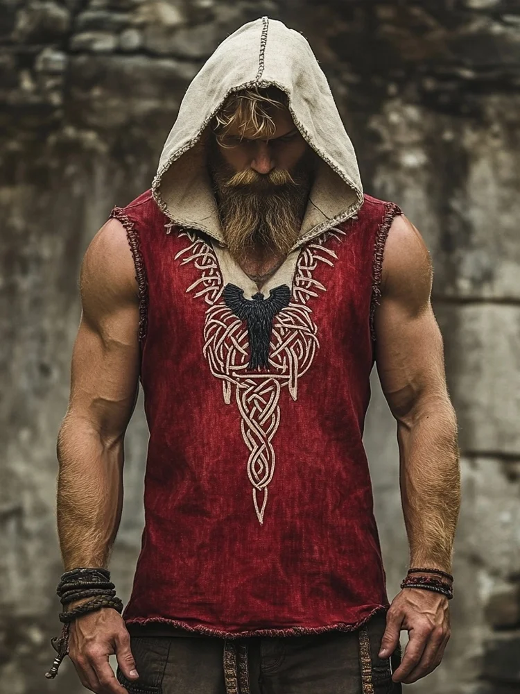 Men's Viking Knot Tribal Print Raven Art Pattern Linen Sleeveless Hoodie / Rvogue / Rvogue