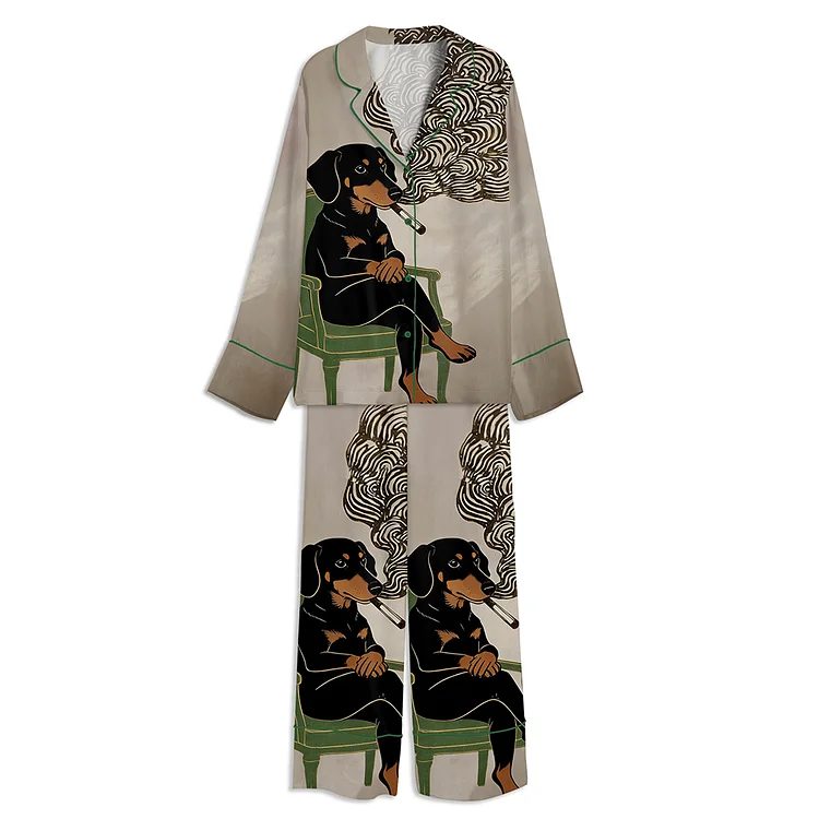Tokyo-Mood Dachshund Smoking A Cigarette Funny Wiener Dog Unisex Long  Sleeve Satin Pajama Set