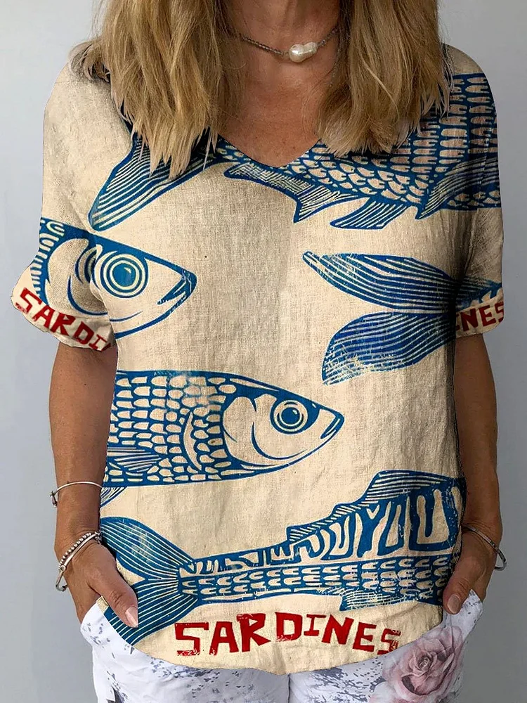 Women's Vintage Ocean Fish Sardines Art Print Casual Cotton And Linen Shirt