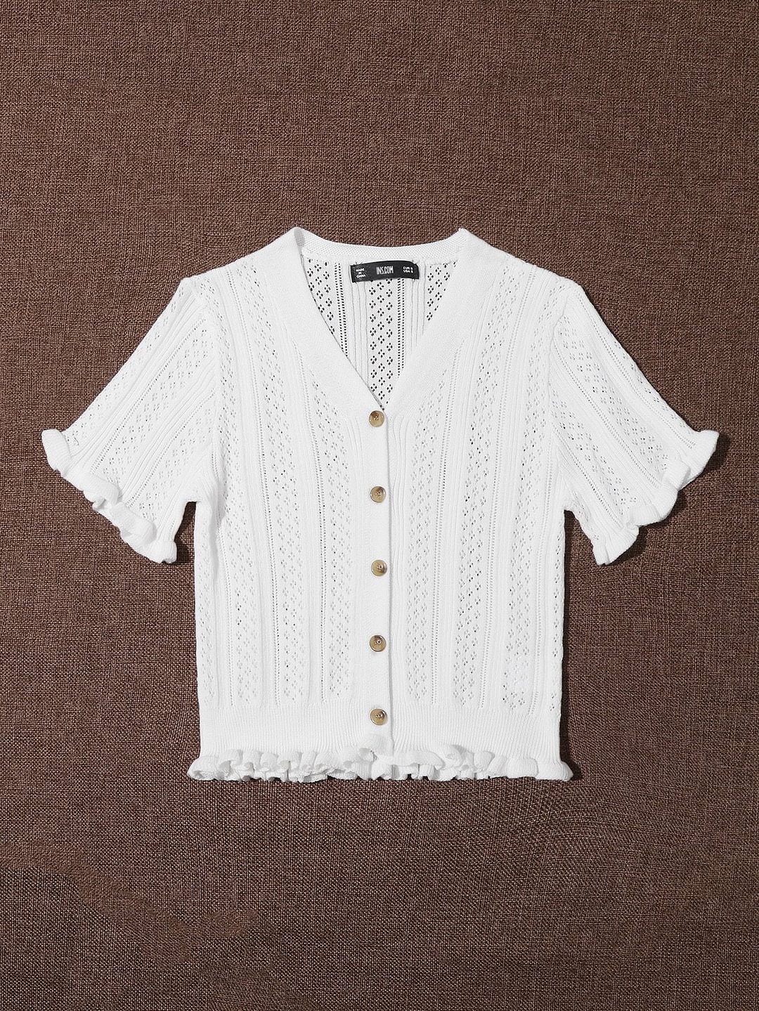 Frill Trim Button Front Pointelle Knit Cardigan