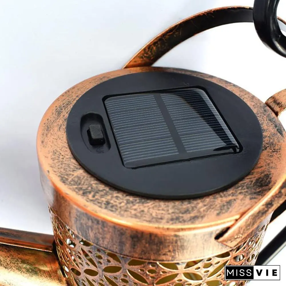 Retro Solar Watering Can Sprinkles LED Light Fairy Metal Wrought Iron Hollow Out Lamp