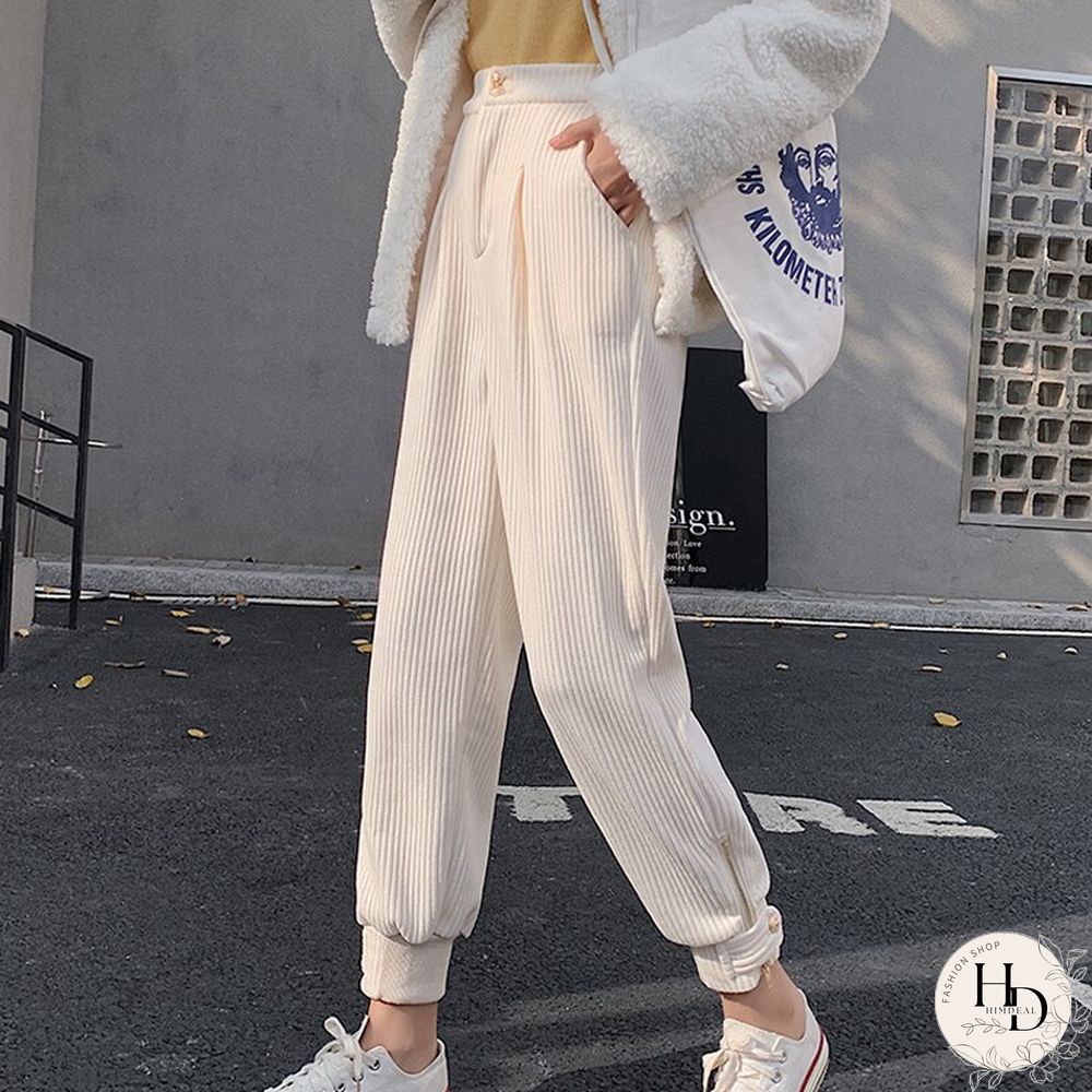 Winter Corduroy Pants Women Korean Fashion Zipper Elastic High Waist Pencil Pant Causal Loose Baggy Trousers Streetwear Mujer