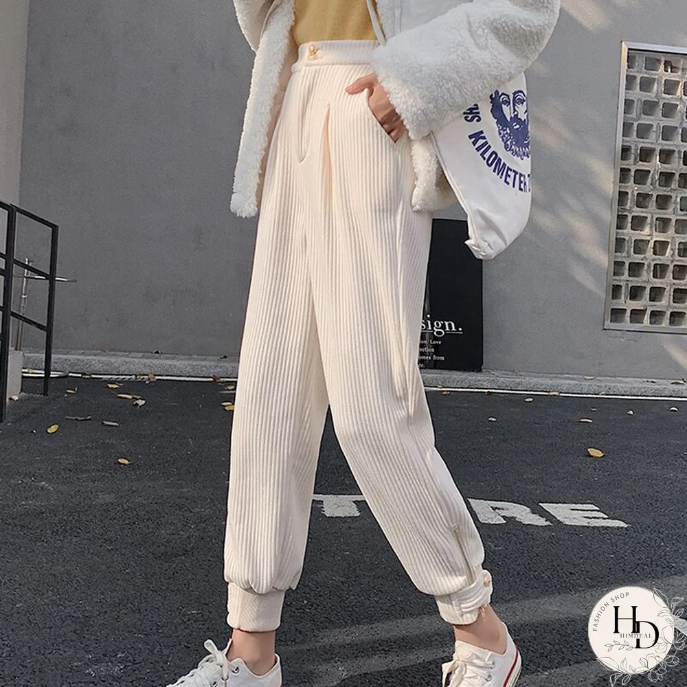 Winter Corduroy Pants Women Korean Fashion Zipper Elastic High Waist Pencil Pant Causal Loose Baggy Trousers Streetwear Mujer