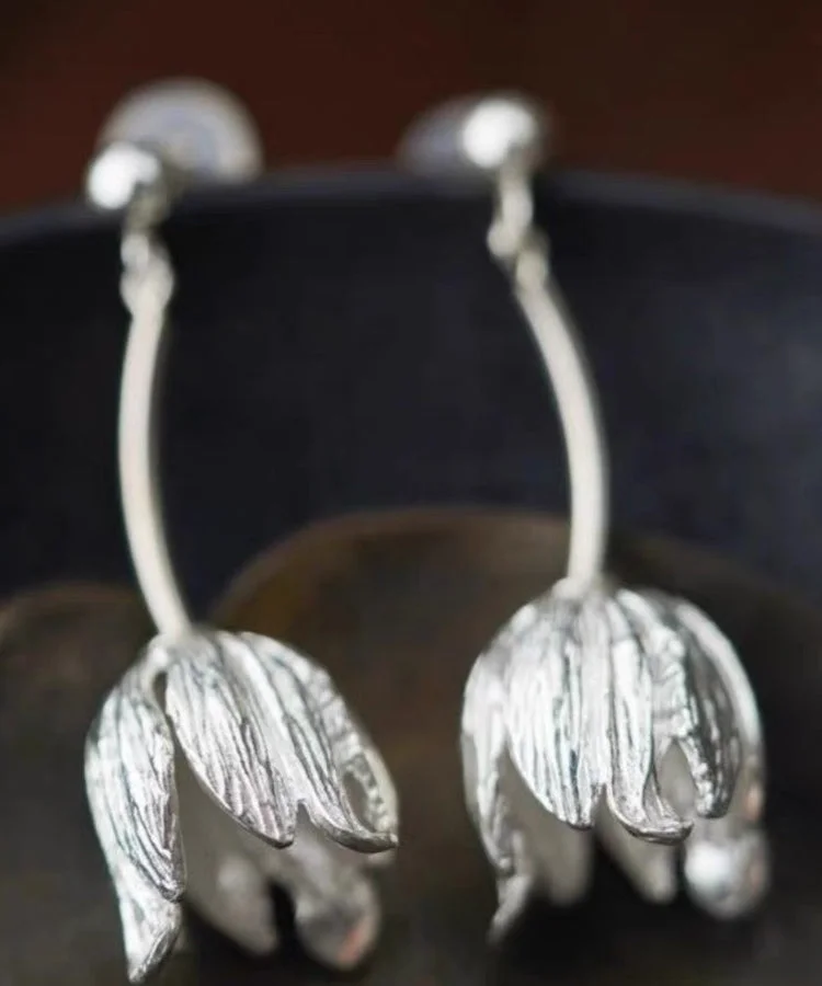 Retro Silk Sterling Silver Floral Drop Earring