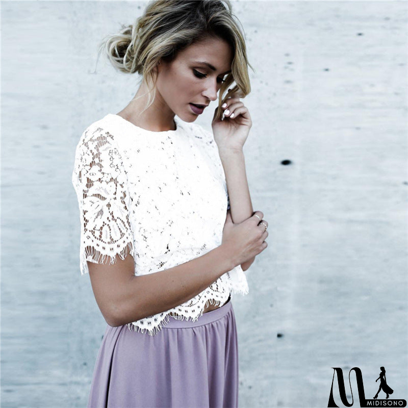 MidiSono - Women'S Solid Color Round Neck Lace T-Shirt