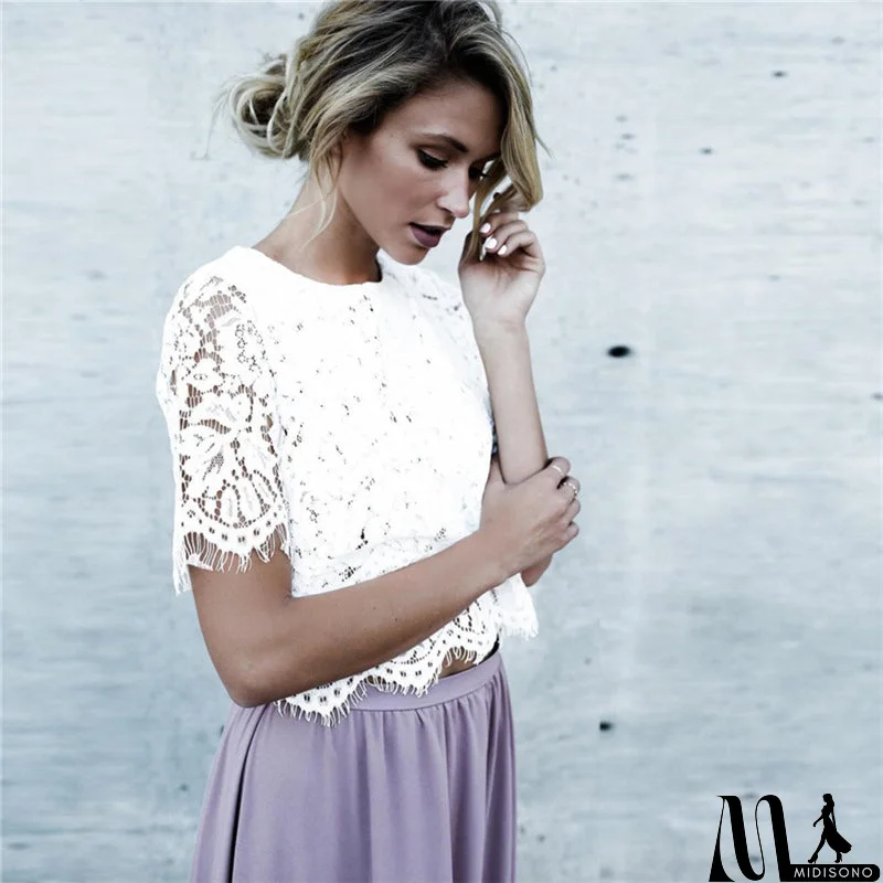 MidiSono - Women'S Solid Color Round Neck Lace T-Shirt