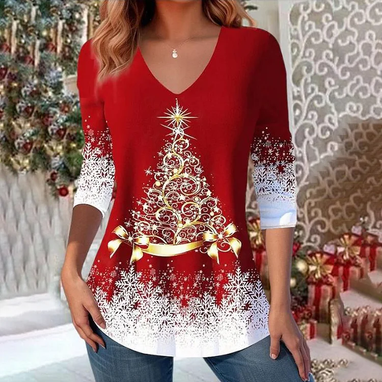 Comstylish Christmas Printed V-Neck Casual Long Sleeved T-Shirt