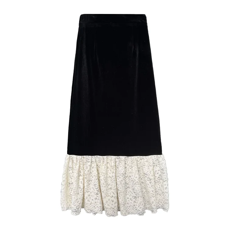 Elegant Velvet Splicing Lace High Waisted Skirt