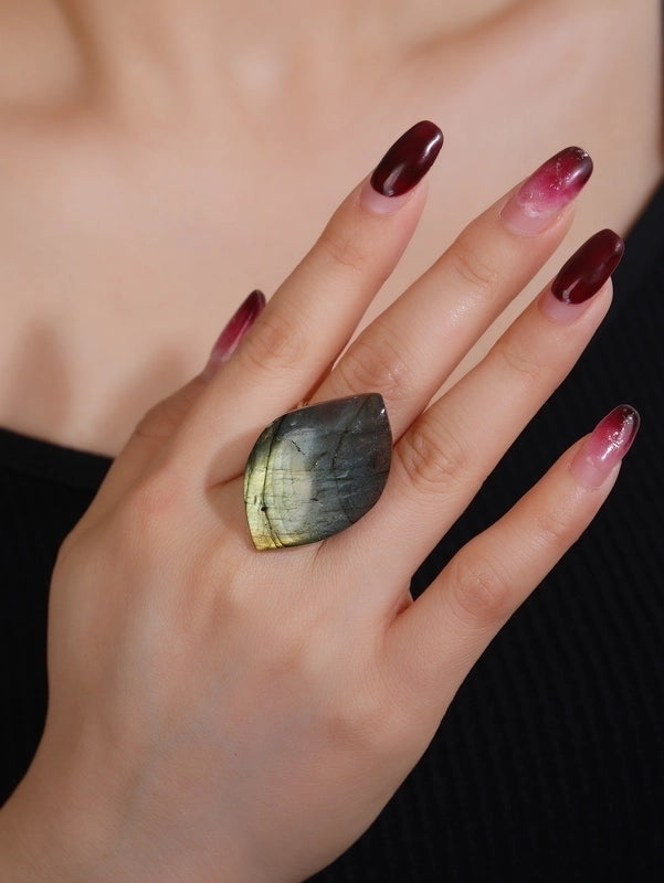 Hip-Hop Punk Irregular Labradorite Asymmetrical Irregular Labradorite Women’s Open Rings