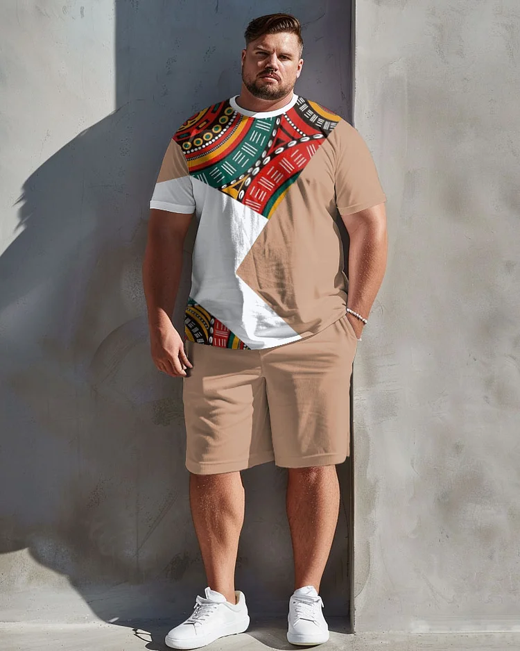 Men's Plus Size Simple Fashion Ethnic Geometric Stitching Printed T-shirt Shorts Suit